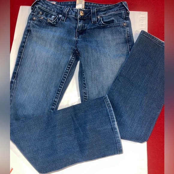 True Religion TORY Boot Cut BLUE Jeans HORSESHOE Silver Studded Pocket Womens 28 - Picture 8 of 16